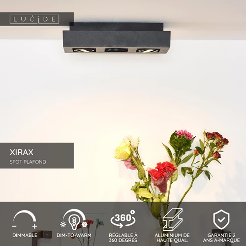 Lucide XIRAX - Spot plafond - LED Dim to warm - GU10 - 3x5W 2200K/3000K - Noir - USP